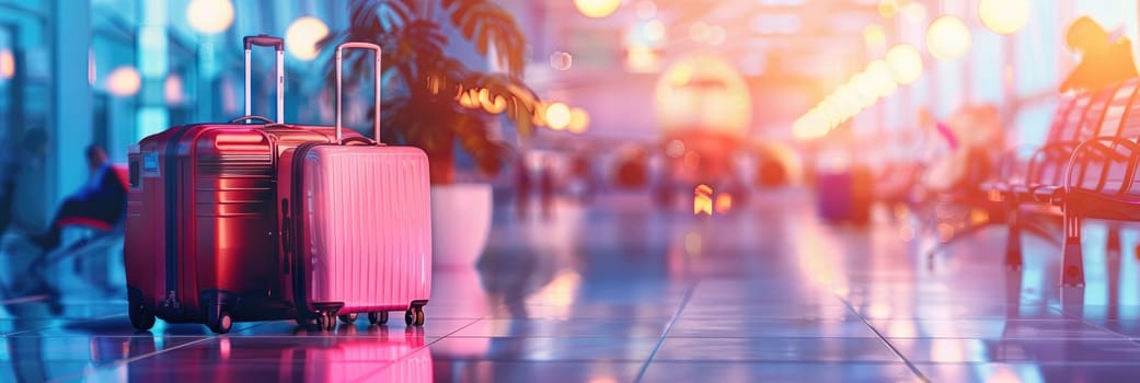 A pair of red suitcases are sitting on the floor in a busy airport terminal by AI generated image.