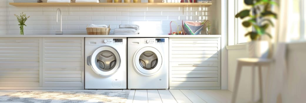 A large room with many white washers and dryers by AI generated image.