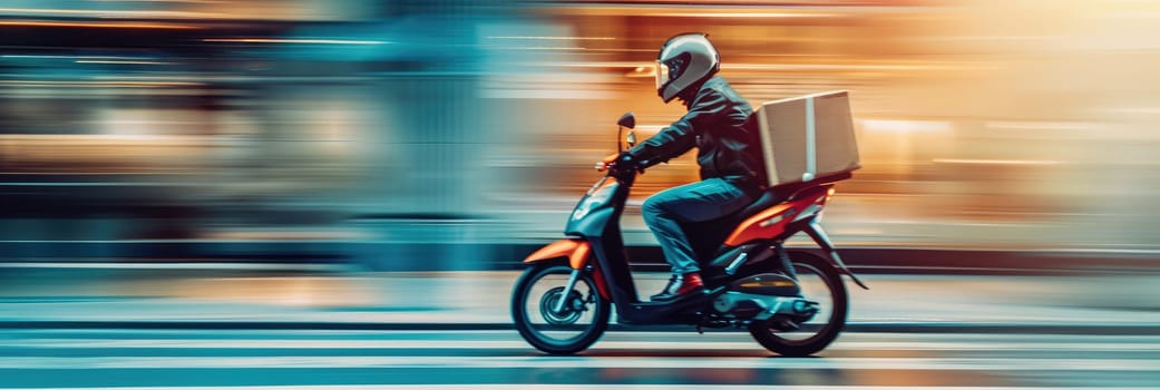 A man on a motorcycle is riding down a street with a box on the back by AI generated image.
