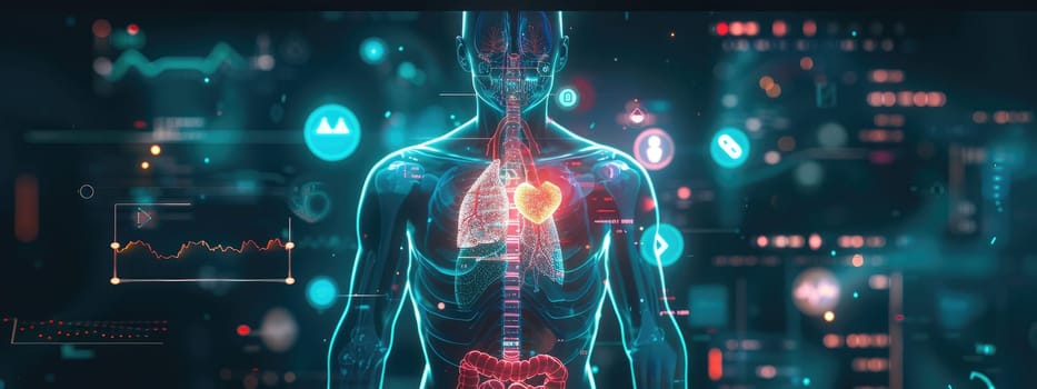 A computer generated image of a human body with a heart and a brain by AI generated image.