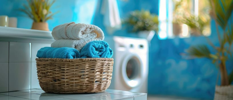 A basket full of clothes sits on a table next to a washing machine by AI generated image.