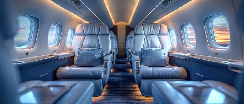 The interior of a plane is shown with a blue background and white seats by AI generated image.
