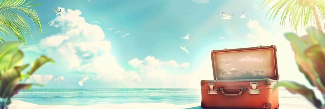 A suitcase is open on a beach with a palm tree in the background by AI generated image.