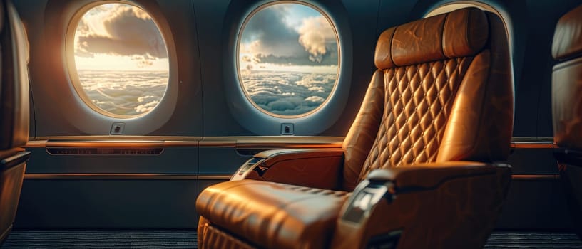 A luxurious airplane with gold accents and a sun shining through the windows by AI generated image.