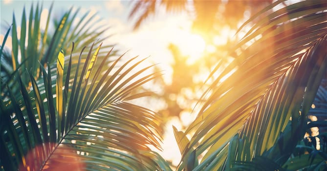 The suns rays filter through the vibrant green leaves of a palm tree in a springtime scene.