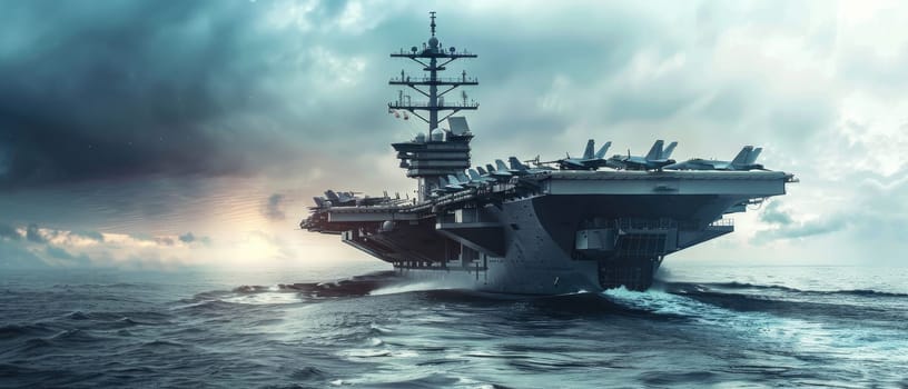 A large Navy ship is surrounded by planes and is in the middle of a battle by AI generated image.