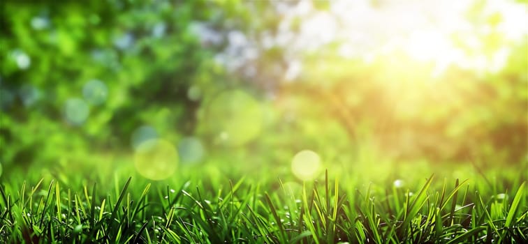 Close up of green grass with the sun shining in the nature background on a spring day