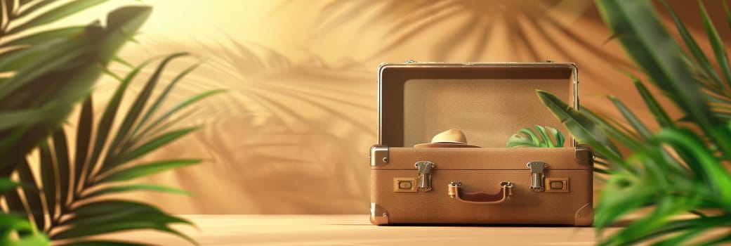 A suitcase is open on a beach with a palm tree in the background by AI generated image.