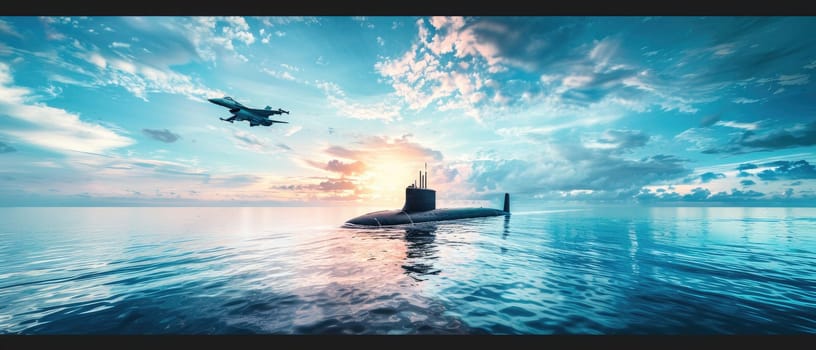 A submarine is in the water with a plane flying above it by AI generated image.