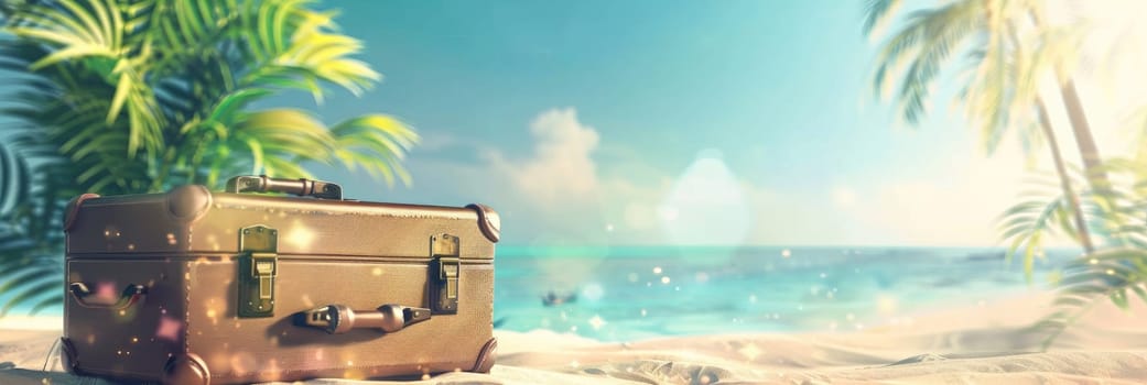 A suitcase is open on a beach with a palm tree in the background by AI generated image.