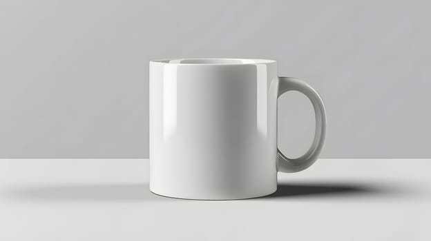 A white porcelain coffee mug is resting on a circular white table, creating a minimalist and clean look in the dining space