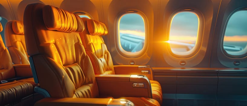 A luxurious airplane with gold accents and a sun shining through the windows by AI generated image.