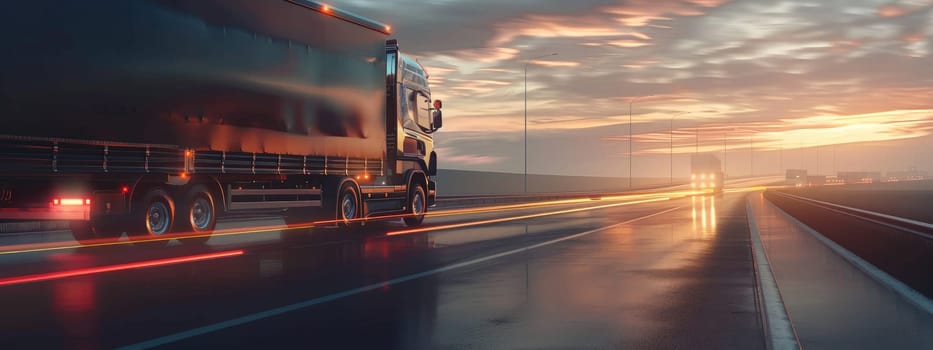 A large semi truck is driving down a highway by AI generated image.