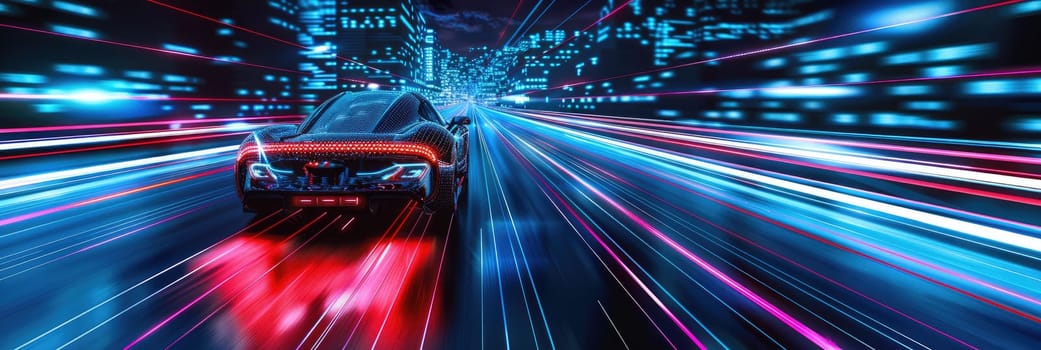 A car is driving down a road with a bright neon light in the background by AI generated image.