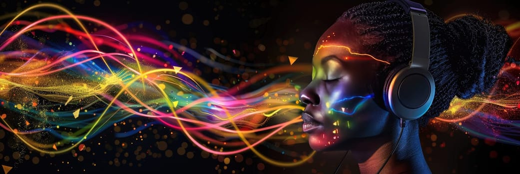 A woman wearing headphones is surrounded by colorful sparks by AI generated image.