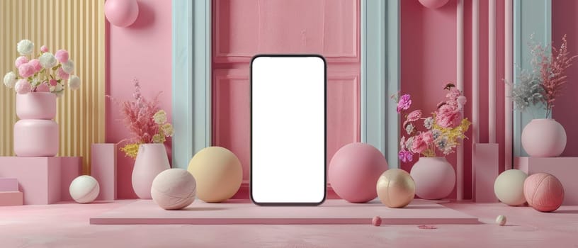 A pink room with a white phone on a table by AI generated image.