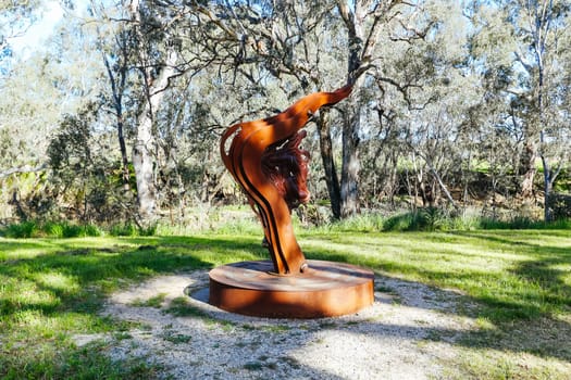 River landscape on the Campaspe River and the famous Platypus Compass sculpture during the afternoon near Axedale in Victoria, Australia.