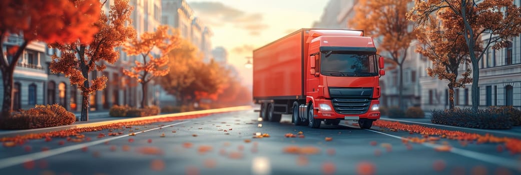 A red semi truck is driving down a road with autumn leaves on the ground by AI generated image.