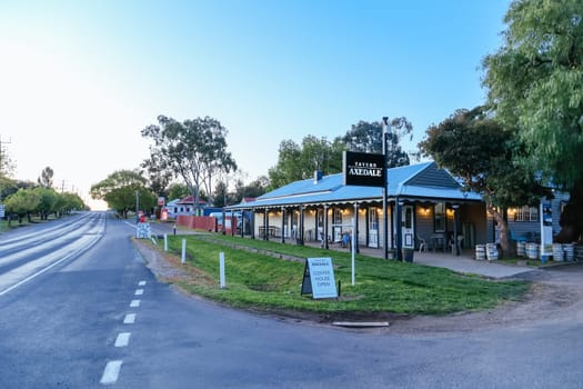 AXEDALE, AUSTRALIA - SEPTEMBER 23: Historic Victorian architecture of the Axedale Tavern on a warm spring evening in Axedale, Victoria, Australia in 2023