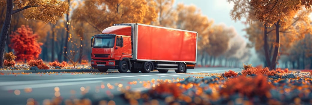 A red semi truck is driving down a road with autumn leaves on the ground by AI generated image.