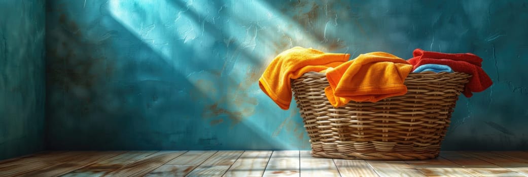 A basket full of clothes sits on a table next to a washing machine by AI generated image.