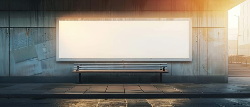 A white billboard sits on a concrete wall with a bench underneath it by AI generated image.