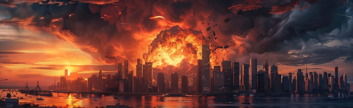 A city is shown with a large explosion in the sky by AI generated image.