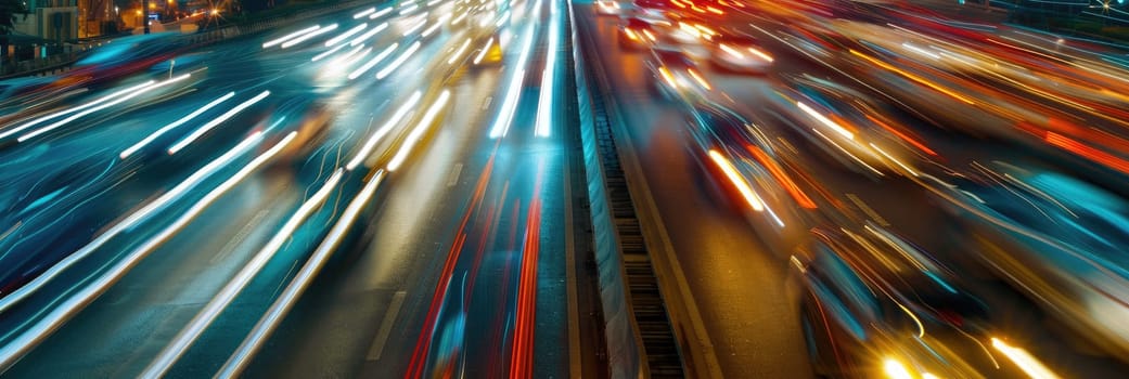A busy highway with cars and traffic lights by AI generated image.