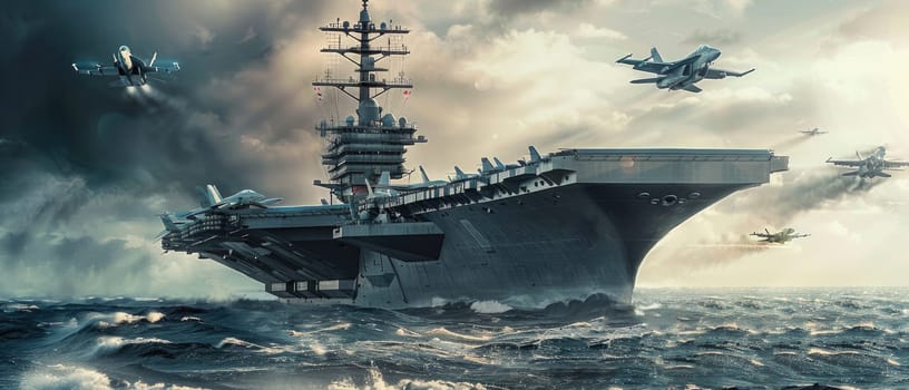 A large Navy ship is surrounded by planes and is in the middle of a battle by AI generated image.