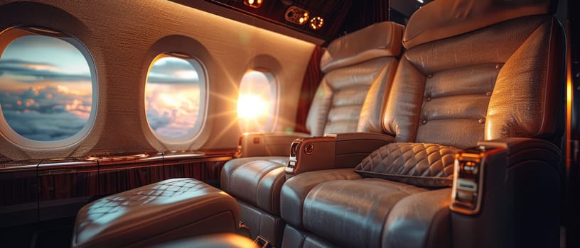 A luxurious airplane with gold accents and a sun shining through the windows by AI generated image.