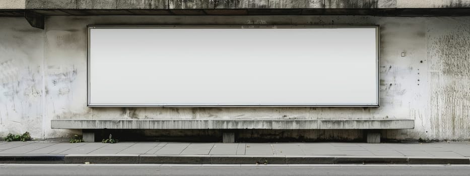 A white billboard sits on a concrete wall with a bench underneath it by AI generated image.