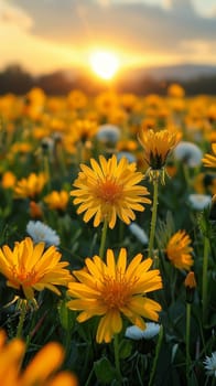 A field of yellow and white flowers with a blue sky in the background.