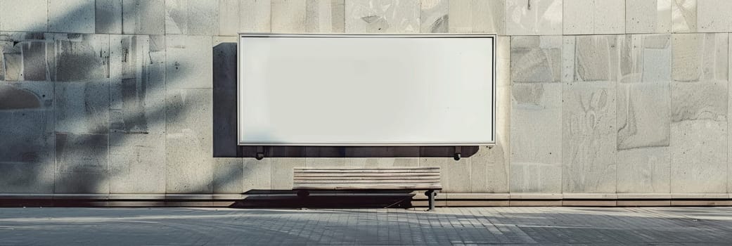 A white billboard sits on a concrete wall with a bench underneath it by AI generated image.