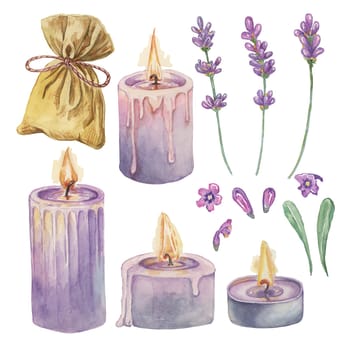 Lavender aromatherapy set with lilac candles, flowers and sachet for home fragrance. Home spa fragrance watercolor illustration. Clipart bundle of organic beauty, cosmetic, store label elements