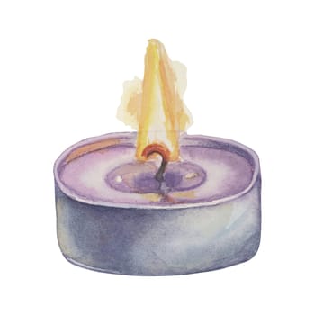 Burning purple tealight. Lavender wax candle for home fragrance. Home spa aromatherapy watercolor illustration. Clipart for beauty, cosmetics, labels design, organic products, wellness, packaging