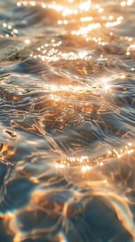 The water is reflecting the sun's rays, creating a beautiful and serene scene. The water is calm and still, with ripples forming around the rocks