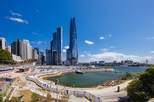 SYDNEY, AUSTRALIA - DECEMBER 03, 2023: The Barangaroo Reserve area and Nawi Cove near The Rocks in Sydney, New South Wales, Australia.