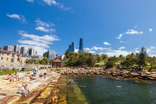 SYDNEY, AUSTRALIA - DECEMBER 03, 2023: The Barangaroo Reserve area and Marrinawi Cove near The Rocks in Sydney, New South Wales, Australia.