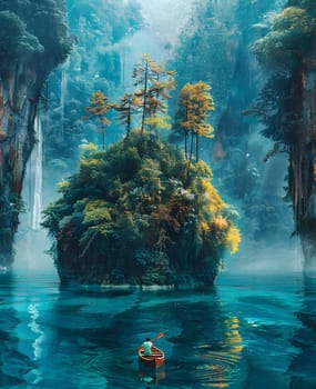A man in a boat is peacefully floating on the azure water near a small island covered with trees, blending into the natural landscape like a painting in the aqua world
