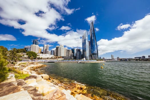 SYDNEY, AUSTRALIA - DECEMBER 03, 2023: The Barangaroo Reserve area and Nawi Cove near The Rocks in Sydney, New South Wales, Australia.