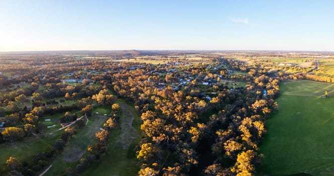 AXEDALE, AUSTRALIA - SEPTEMBER 23: Aerial view of the historic town of Axedale on a warm spring evening in Axedale, Victoria, Australia in 2023