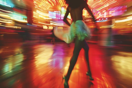 A woman in a green skirt is dancing in the street. The image is blurry and has a sense of motion