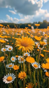 A field of yellow and white flowers with a blue sky in the background.