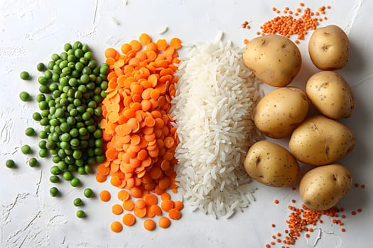 Rice, potatoes, carrots, peas, and lentils creatively arranged into the Irish flag. A colorful and unique dish showcasing a variety of natural foods from the legume family