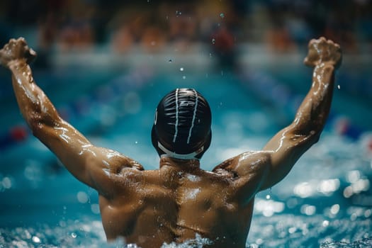 A man is swimming in a pool and is celebrating his victory. The water is blue and the man is wearing a white cap