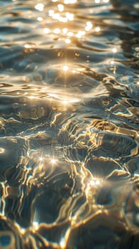 The water is reflecting the sun's rays, creating a beautiful and serene scene. The water is calm and still, with ripples forming around the rocks