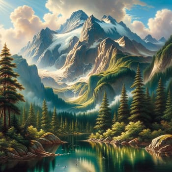 Mountain Lake Serenity: A Painting of Nature's Majesty