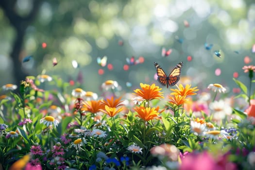 A butterfly is flying in a field of flowers. The sun is shining brightly, and the sky is cloudy