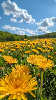 A field of yellow and white flowers with a blue sky in the background.