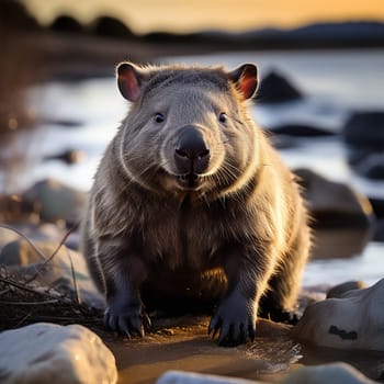 Wombat Explores Rocky Beach with Curiosity